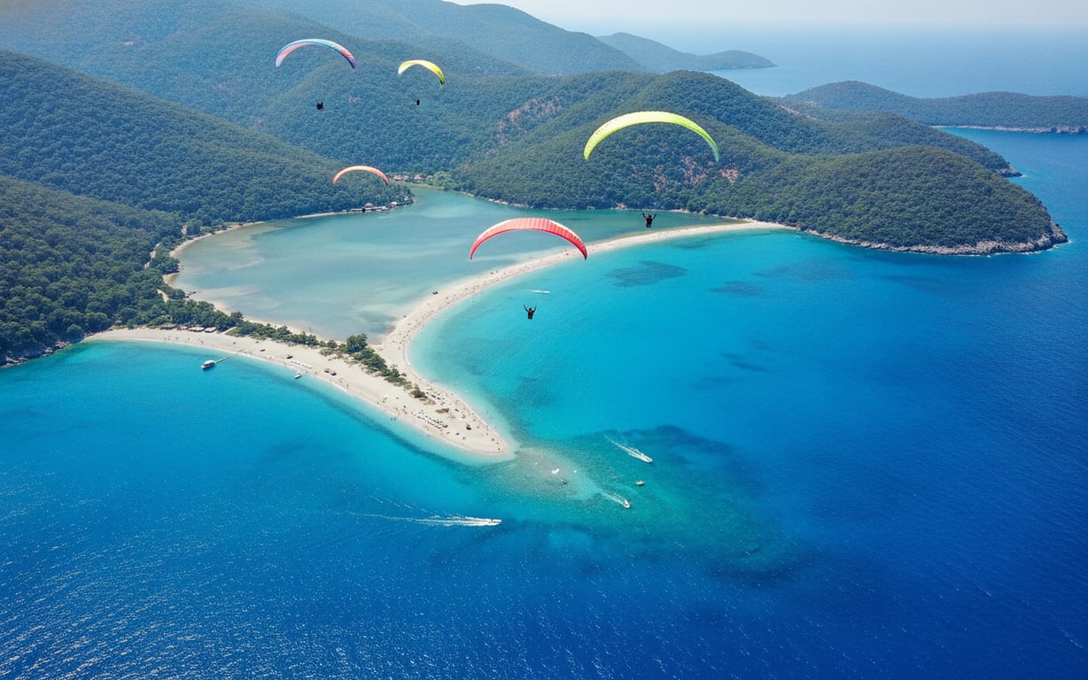 Vedere aeriană a lagunei turcoaz Oludeniz cu parapante colorate plutind deasupra apei