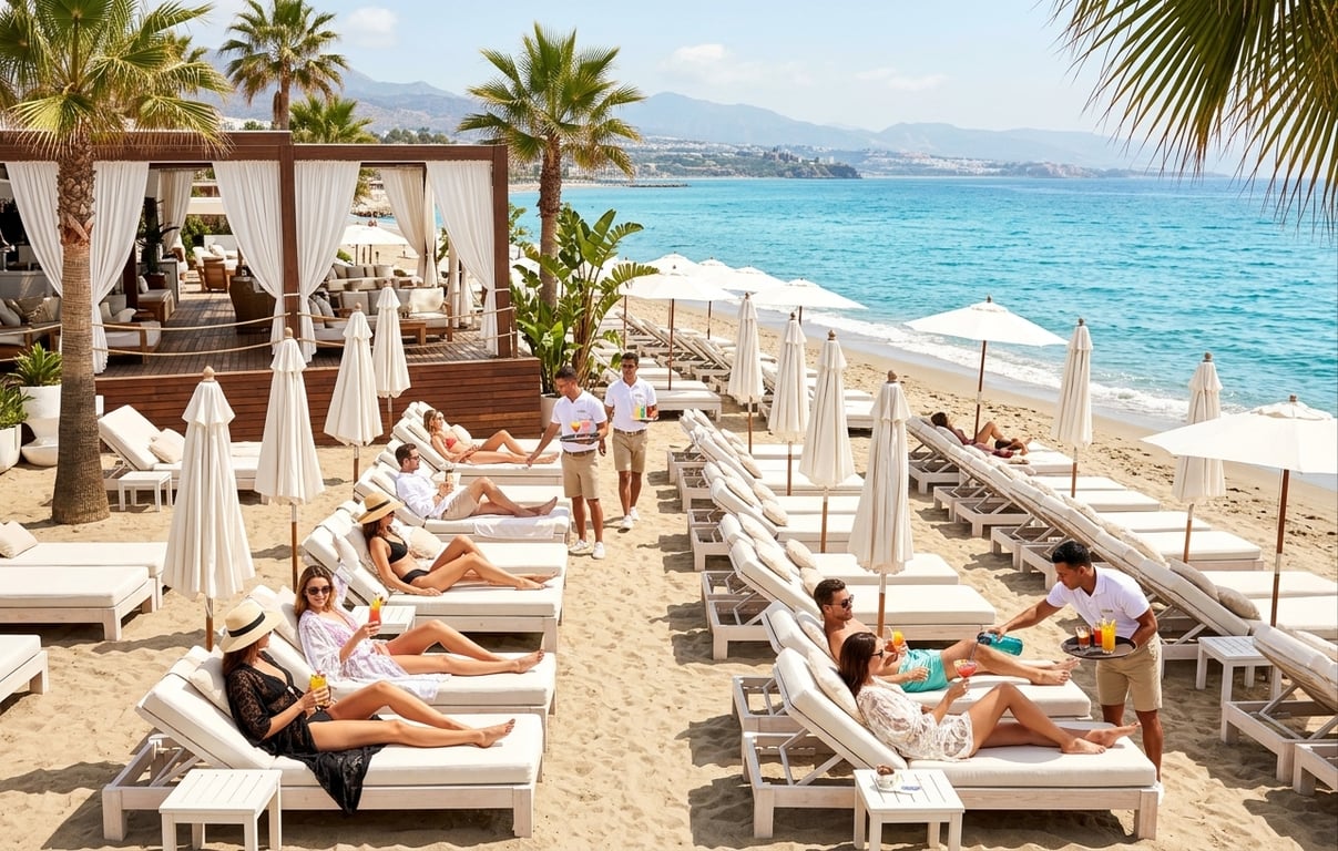 Beach club premium pe plaja Marbella cu șezlonguri albe și umbrele elegante
