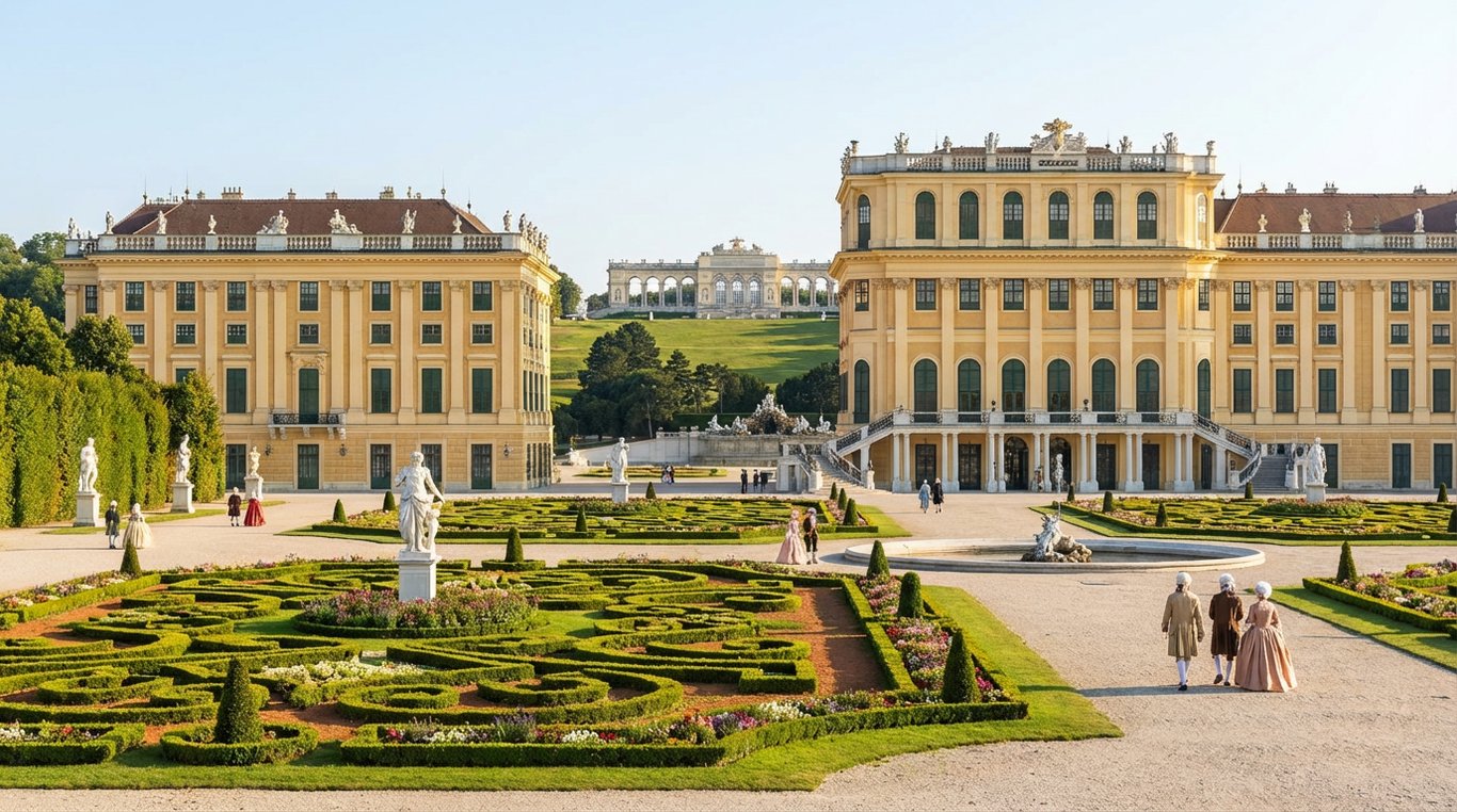Palatul Schönbrunn cu grădinile baroce și Gloriette pe deal în fundal, Viena imperială