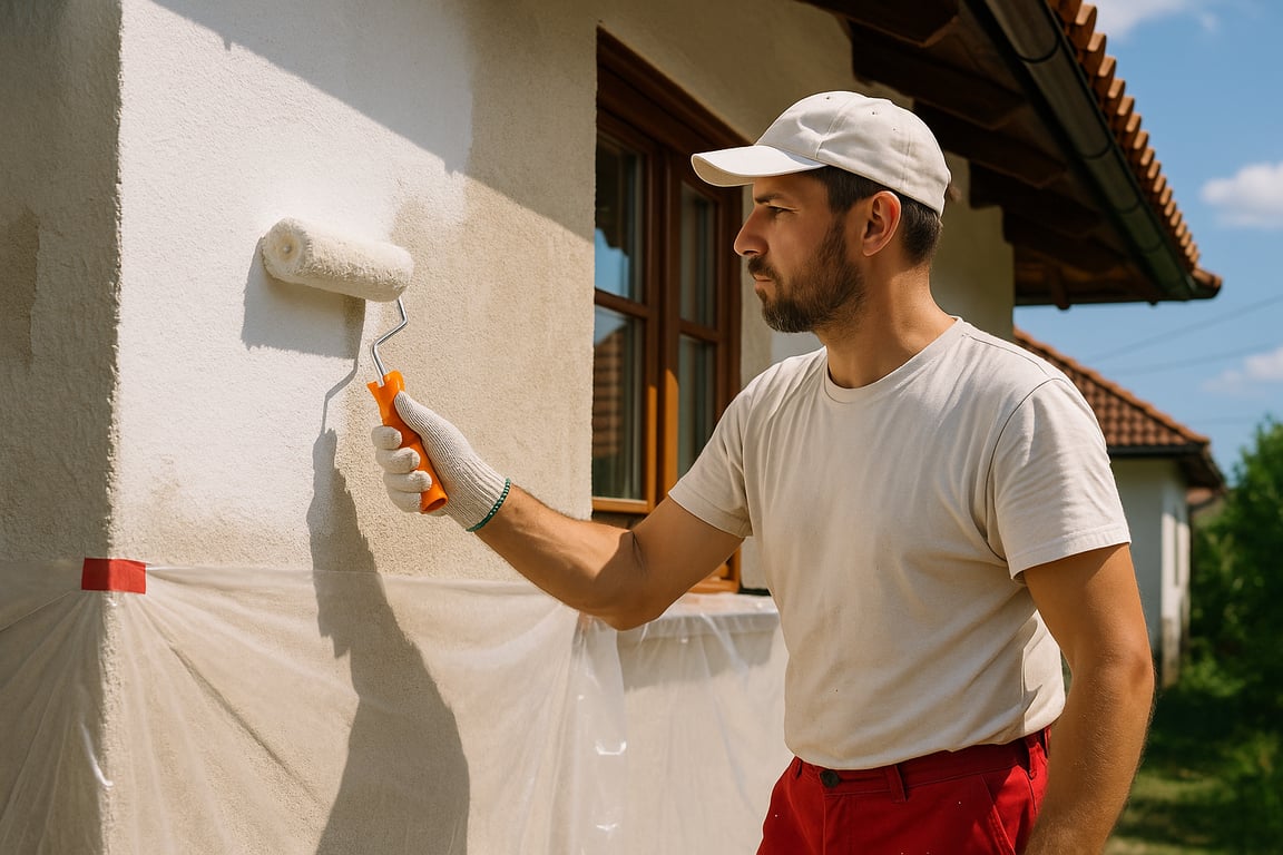 A photorealistic shot capturing a craftsman applying a layer of primer to an exterior wall of a house in Romania. The craftsman is using a paint roller to evenly coat the surface. The house is partially covered with protective film to prevent splatters. The lighting is bright and natural, highlighting the texture of the wall and the application process.