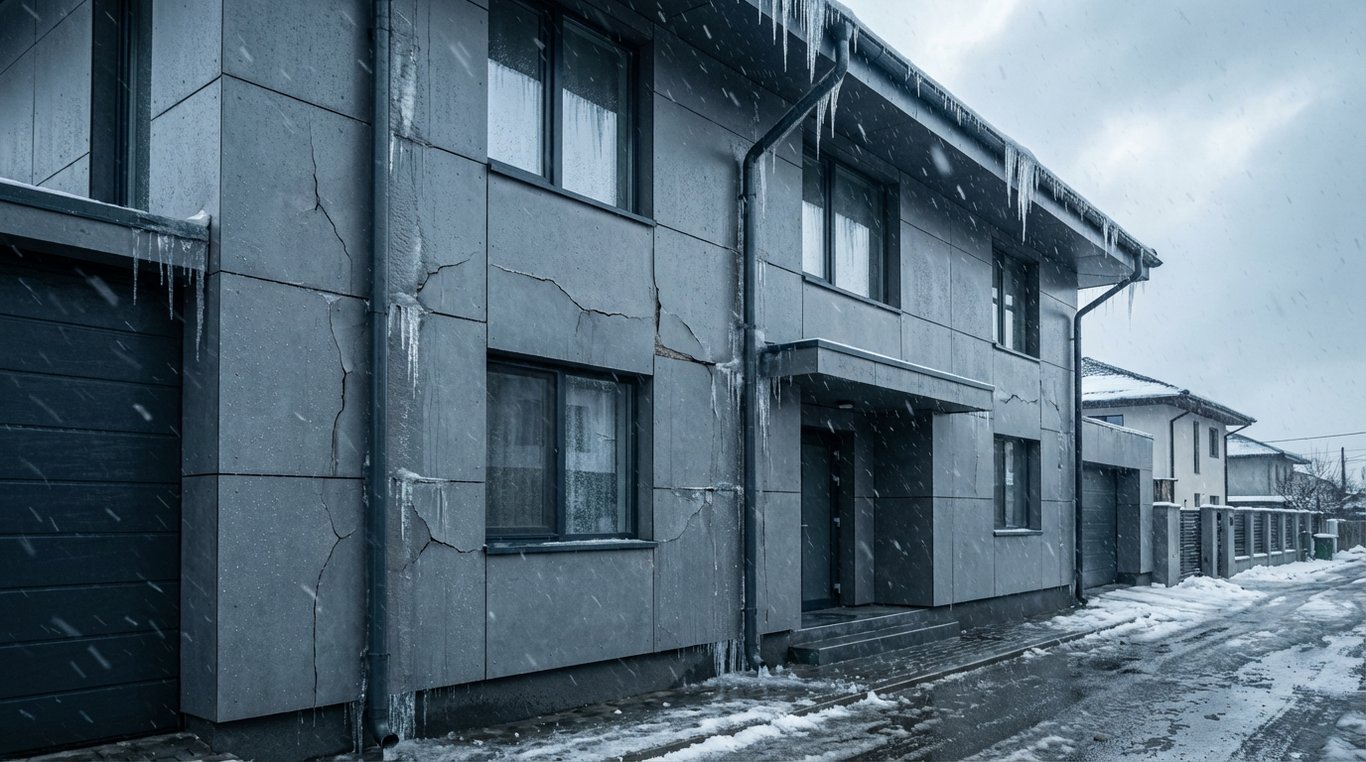 Fațadă expusă la ploaie, ninsoare și îngheț, climă românească, comportament material