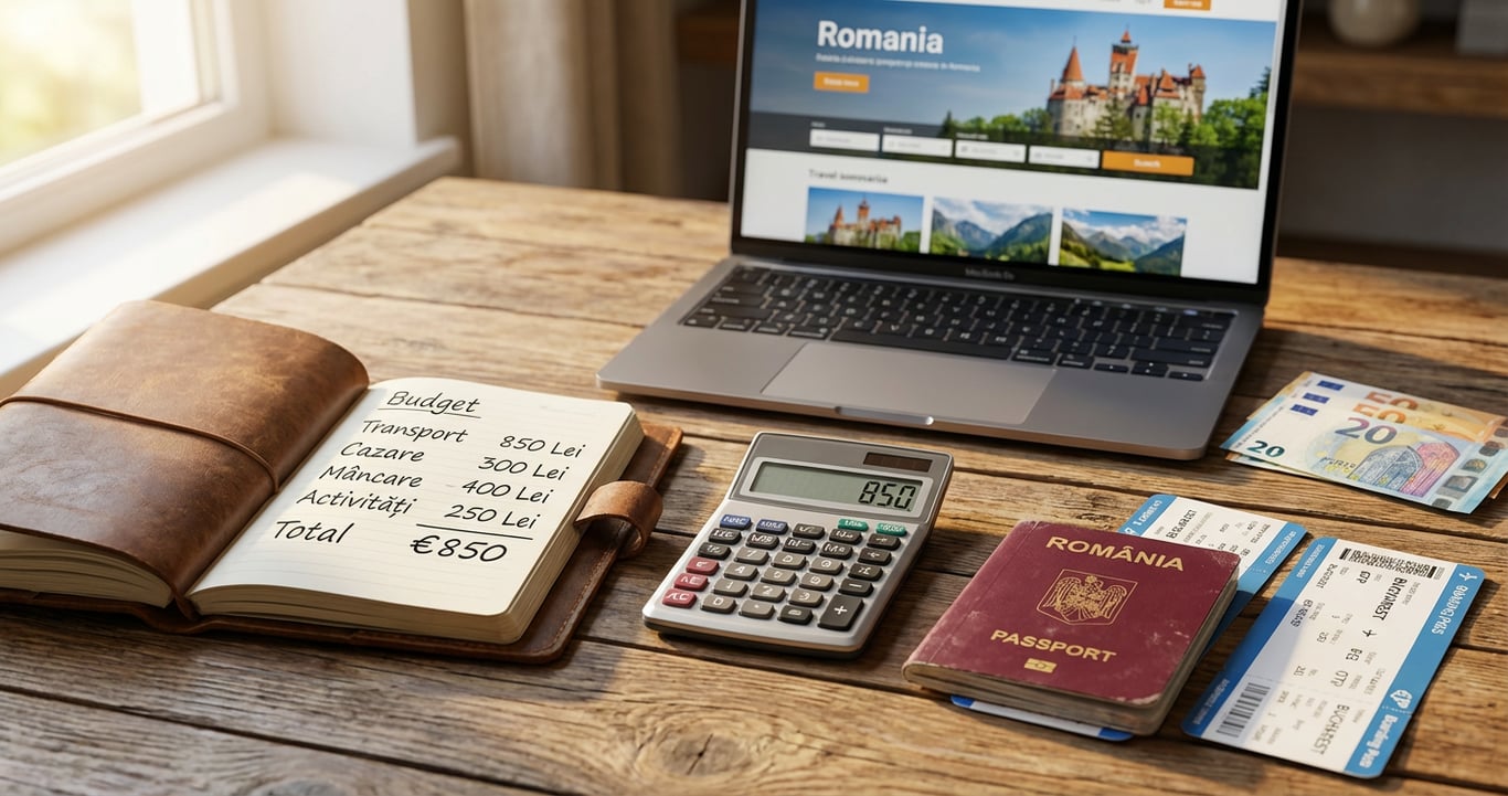 Planificare buget vacanță cu calculator și documente de călătorie pe masă