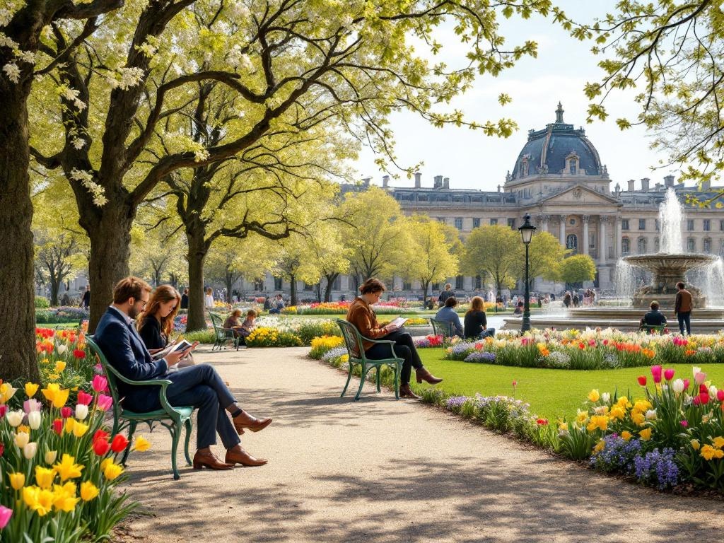 Jardin du Luxembourg primăvara cu flori colorate, alei verzi și parizieni relaxându-se