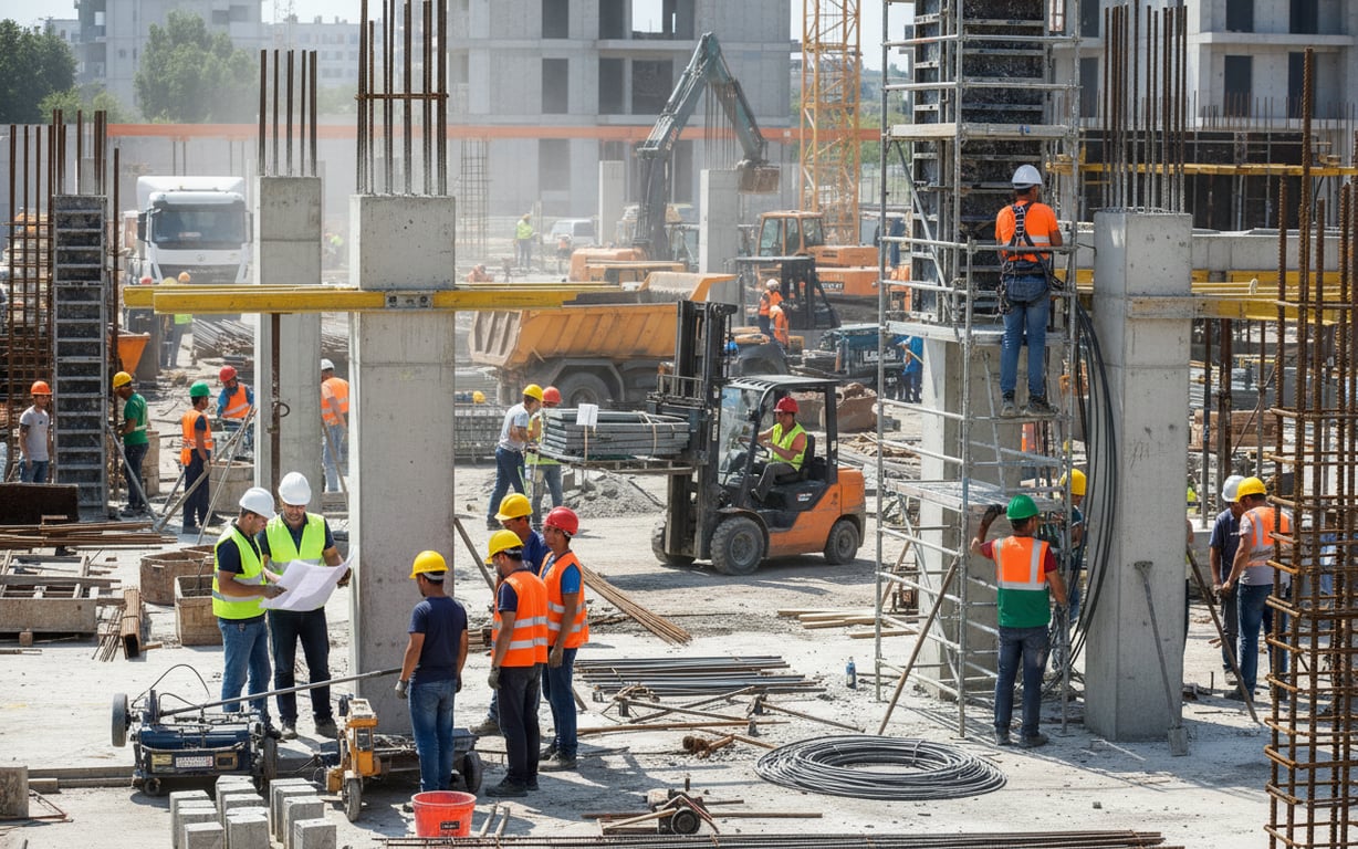 Muncitori pe șantier purtând căști de protecție de culori diferite