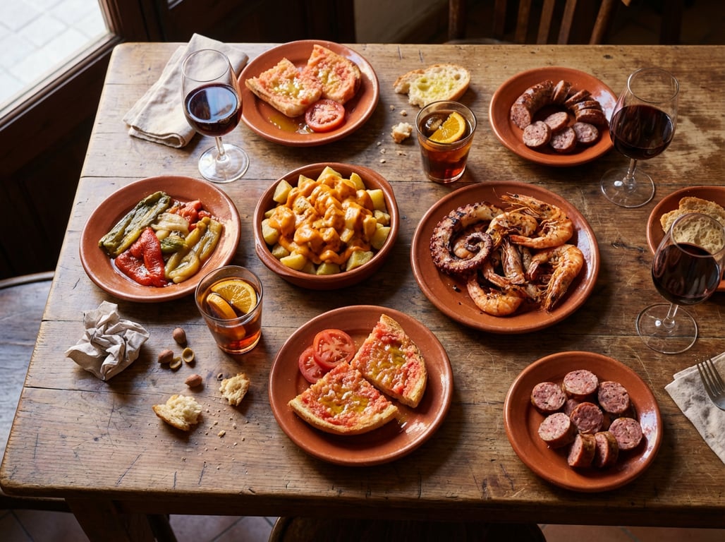 Masă tradițională catalană cu tapas colorate, pa amb tomàquet și pahare de vermut
