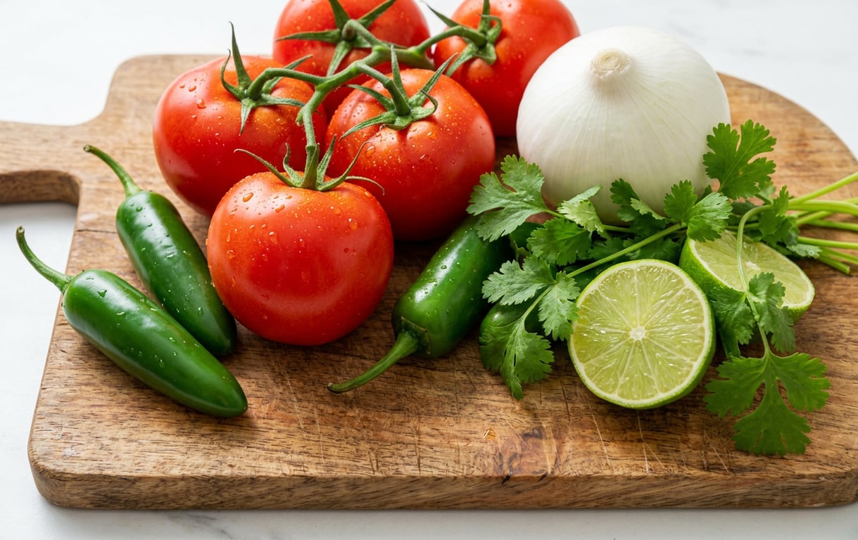 Ingrediente proaspete pentru salsa mexicană cu roșii, ardei chili și coriandru