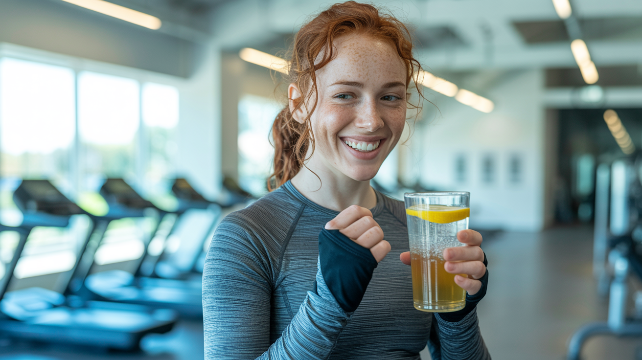 Person genießt nach dem Training einen Kombucha und fühlt sich revitalisiert