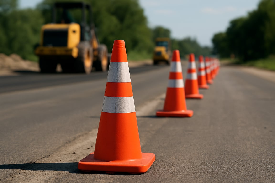 A photorealistic shot capturing a row of orange traffic cones with reflective stripes placed along a road construction site, during daytime with clear visibility, emphasizing the cones' role in guiding traffic and ensuring safety, asphalt road and construction equipment in the background, medium shot.
