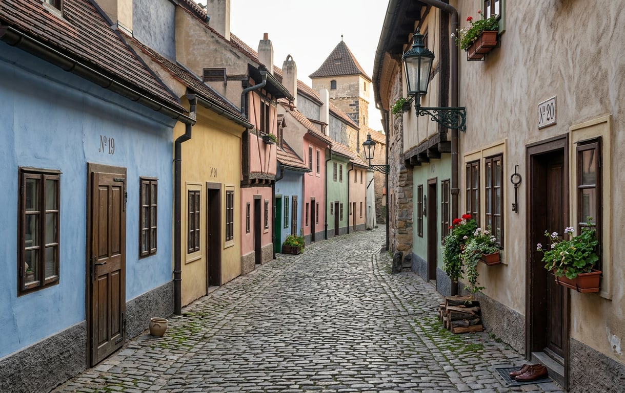Strada de Aur cu căsuțe colorate în tonuri pastelate și ferestre medievale mici