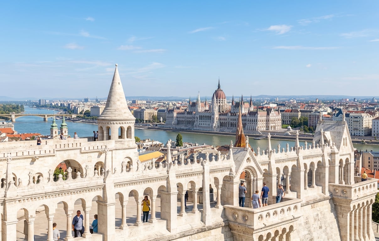 Bastionul Pescarilor cu turnurile sale albe și vedere asupra Parlamentului Budapestei