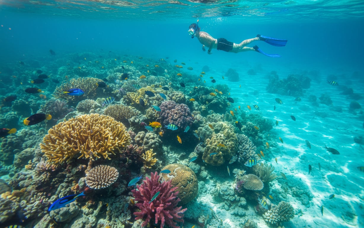 Snorkelist explorând recif de corali colorat în apă tropicală limpede