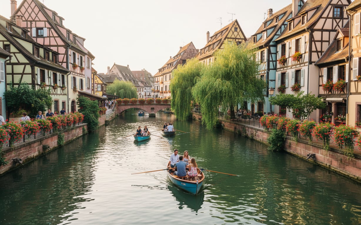 Bărci de lemn pe canalul din La Petite Venise, Colmar, cu case pastelate