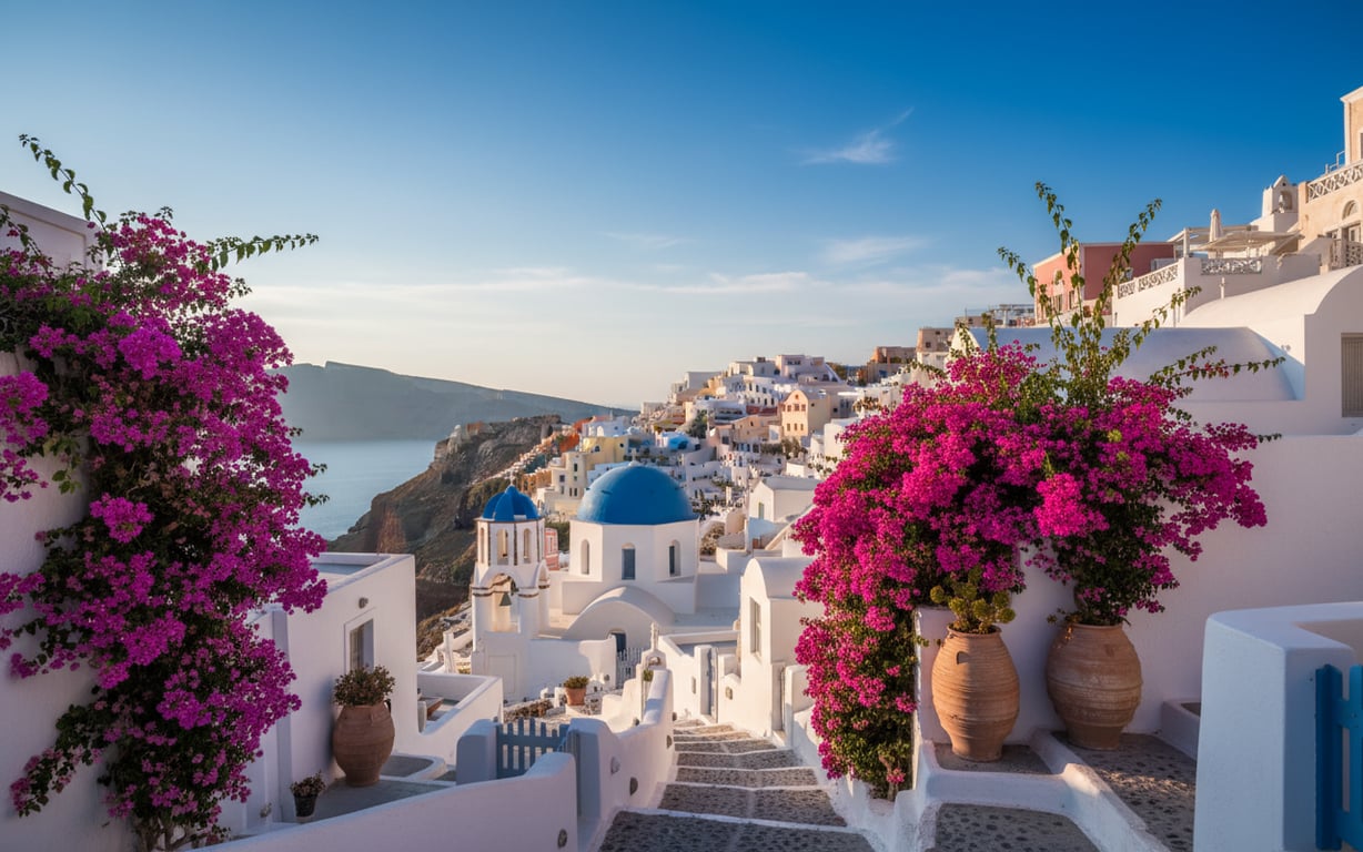 Sat Oia Santorini primăvara cu flori de bougainvillea și cupole albastre caracteristice