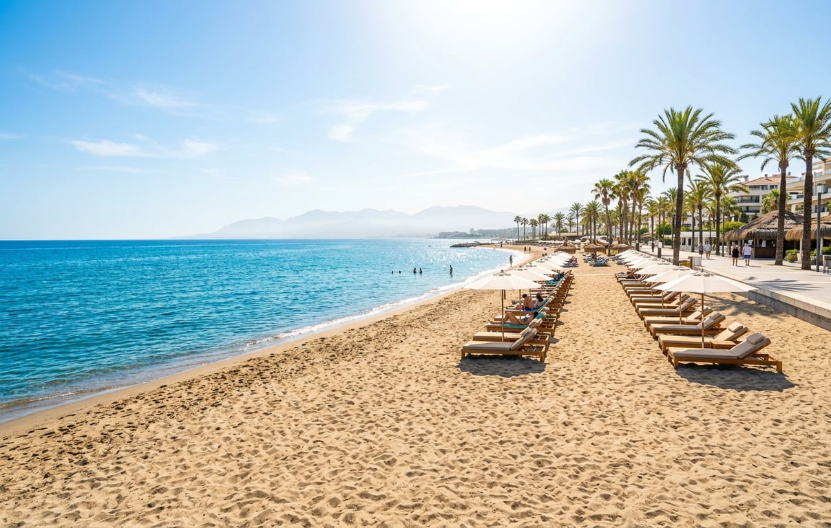 Plajă cu nisip auriu în Marbella cu ape turcoaz și șezlonguri pe Costa del Sol
