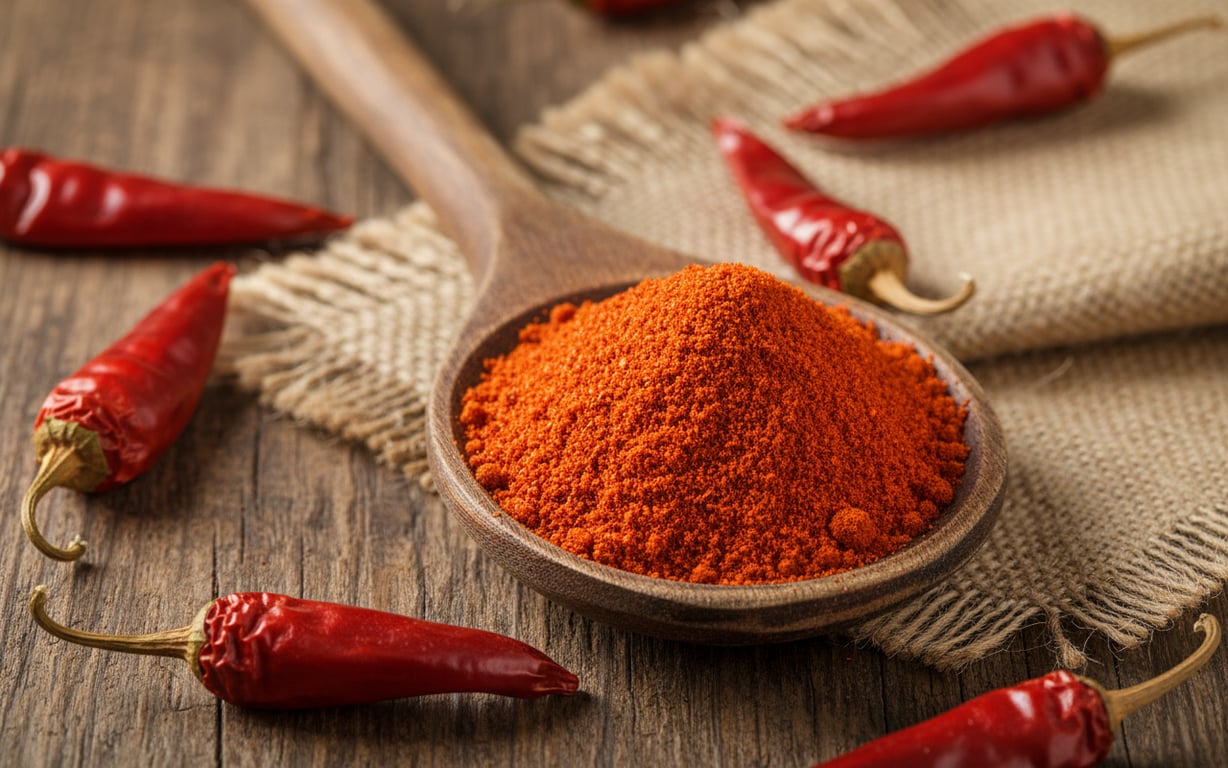 Paprika afumată roșie în lingură de lemn pe masă rustică