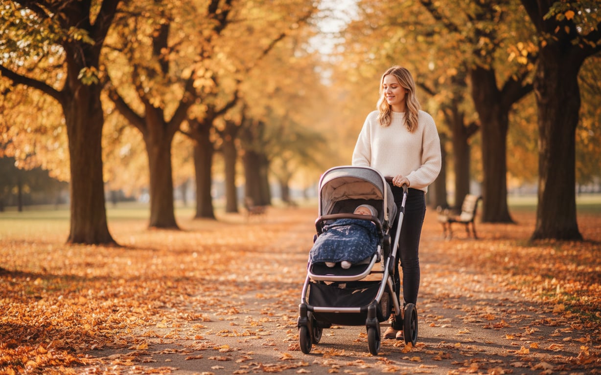 Mamă plimbând un nou-născut în cărucior pe o alee însorită din parc