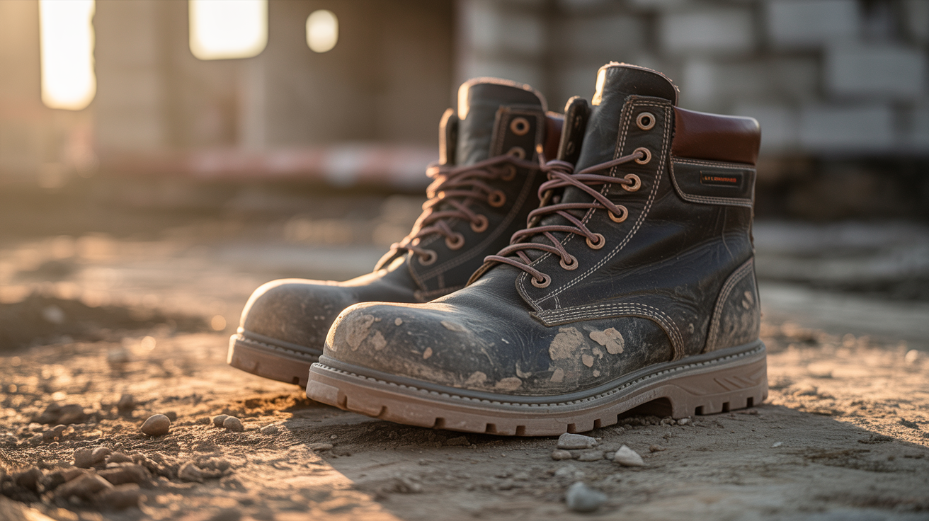 Construction worker wearing safety boots, standing on construction site