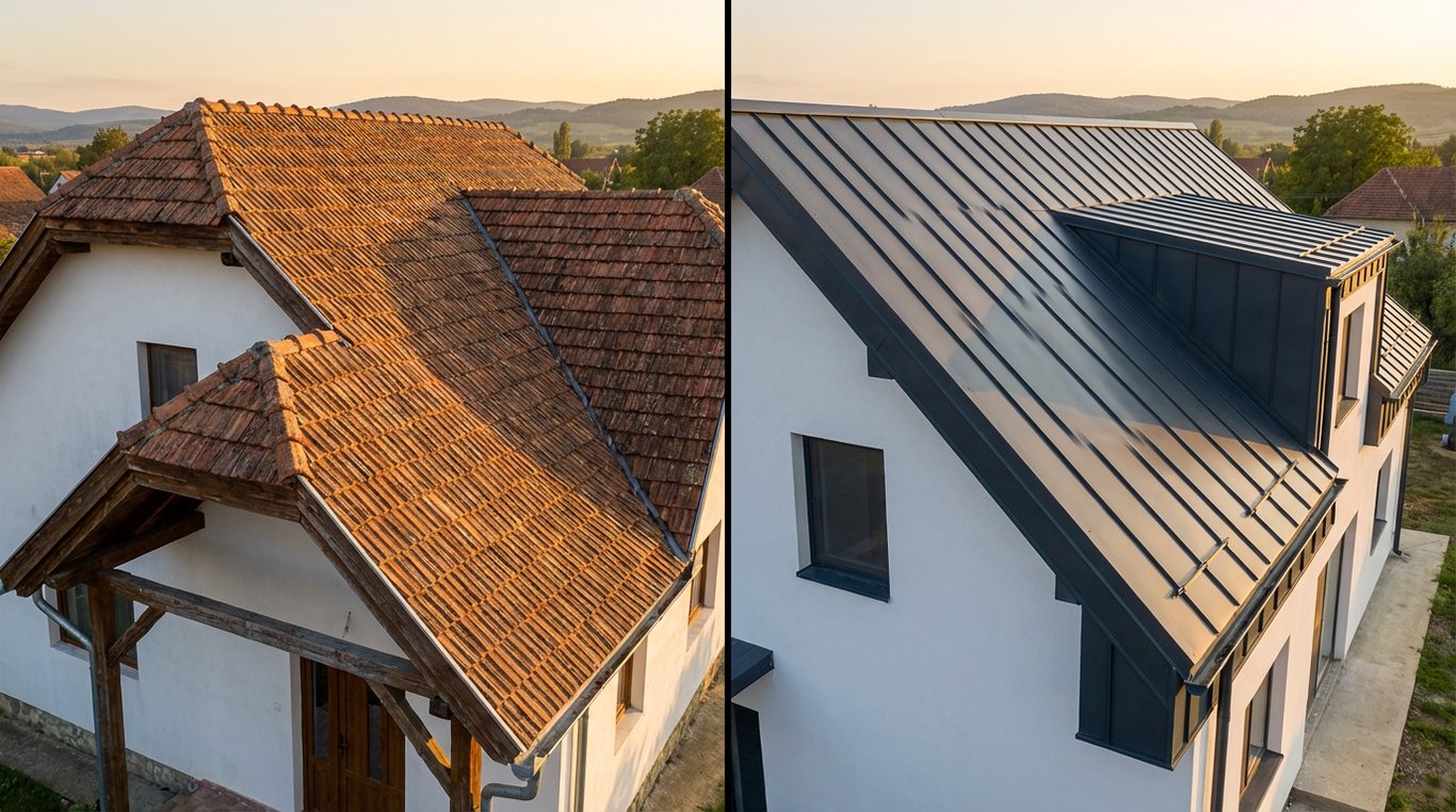 Comparație vizuală între acoperiș cu tiglă ceramică tradițională și acoperiș modern cu tiglă metalică