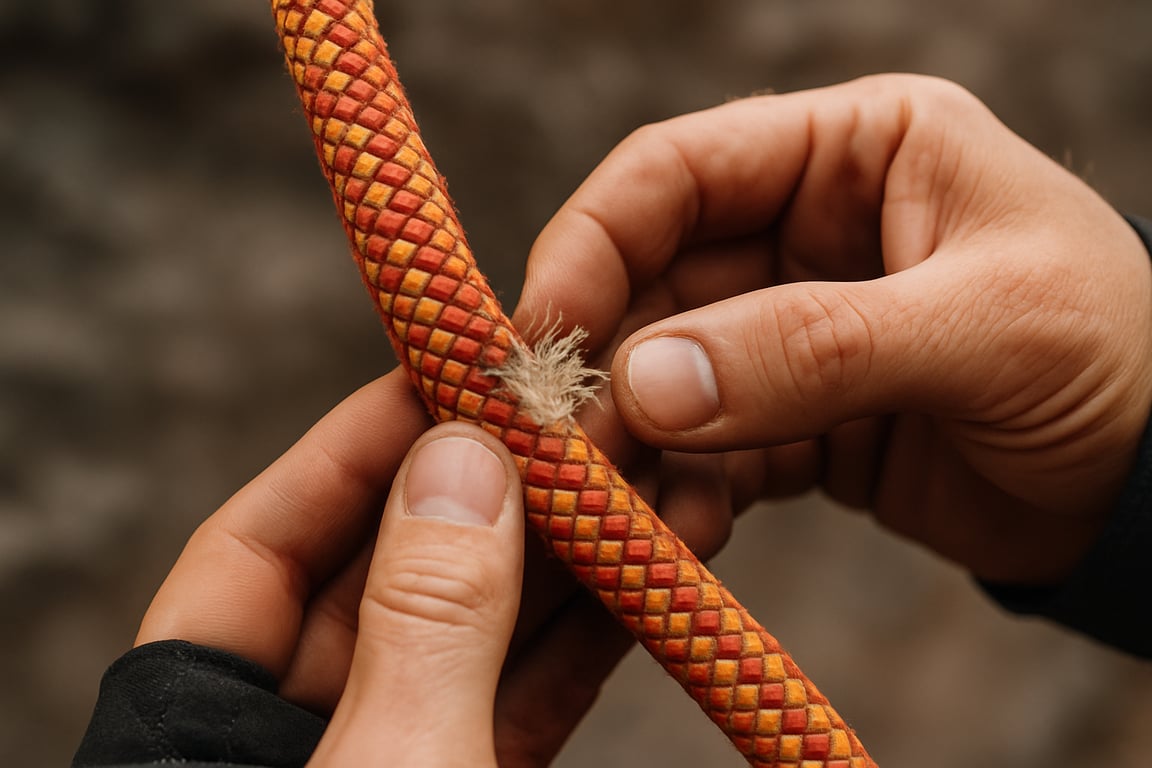 A photorealistic shot capturing a close-up of a climbing rope being inspected for wear and tear, with a focus on the rope's texture and construction, highlighting the importance of regular maintenance and safety checks in utility climbing, with a blurred background to emphasize the rope's details.