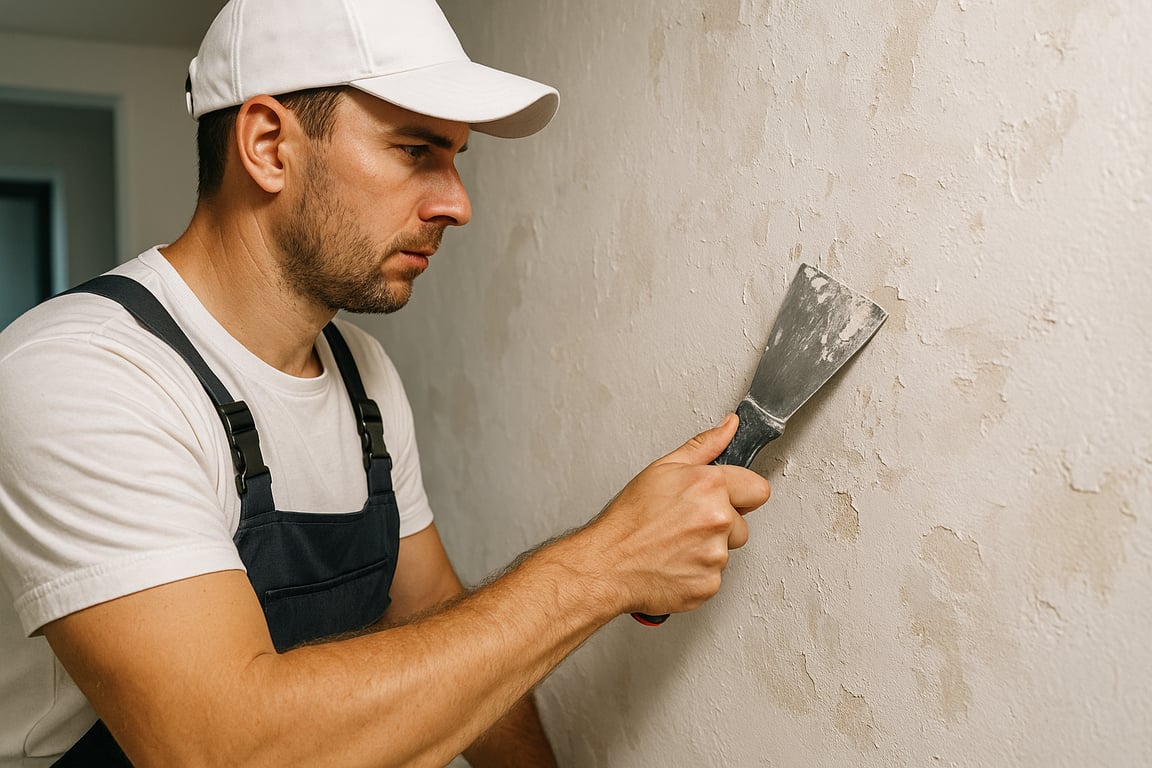 A photorealistic shot capturing a close-up of a worker preparing a wall for decorative plaster application in a modern Romanian home. The worker is using a scraper to remove old paint and smooth the surface. The wall shows signs of previous layers of paint and minor imperfections. The lighting is bright and focused, highlighting the texture of the wall and the tools being used.