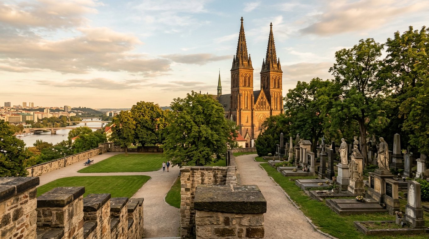 Cetatea Vyšehrad cu Bazilica Sfântul Petru și Pavel și vedere panoramică asupra râului Vltava