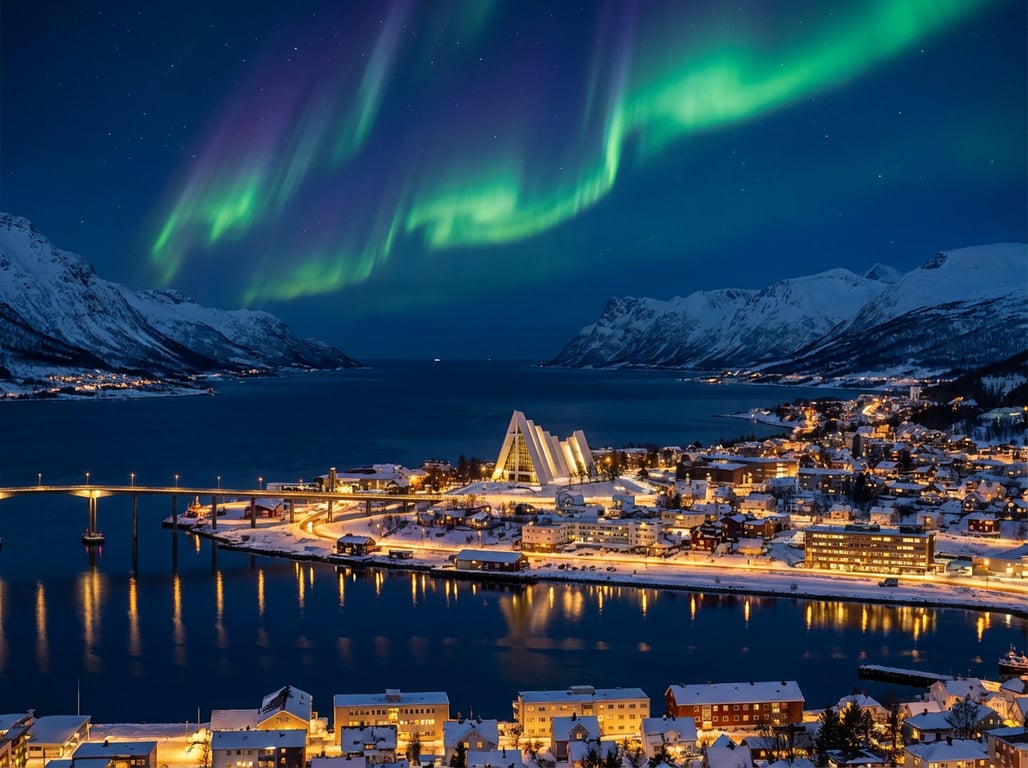Tromsø Norvegia noaptea cu aurora boreală deasupra fiordurilor și munților arctici înzăpeziți