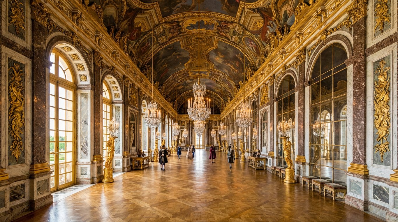 Sala Oglinzilor de la Versailles cu candelabre aurii și ferestre înalte reflectate în oglinzi