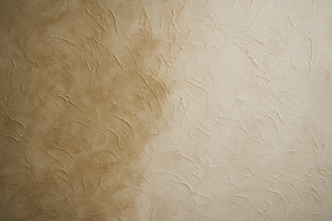A photorealistic shot capturing a close-up of a textured decorative plaster wall, showcasing the drying process. The plaster is partially dry, with subtle variations in color and texture. The lighting is soft and diffused, highlighting the details of the plaster and the drying process.
