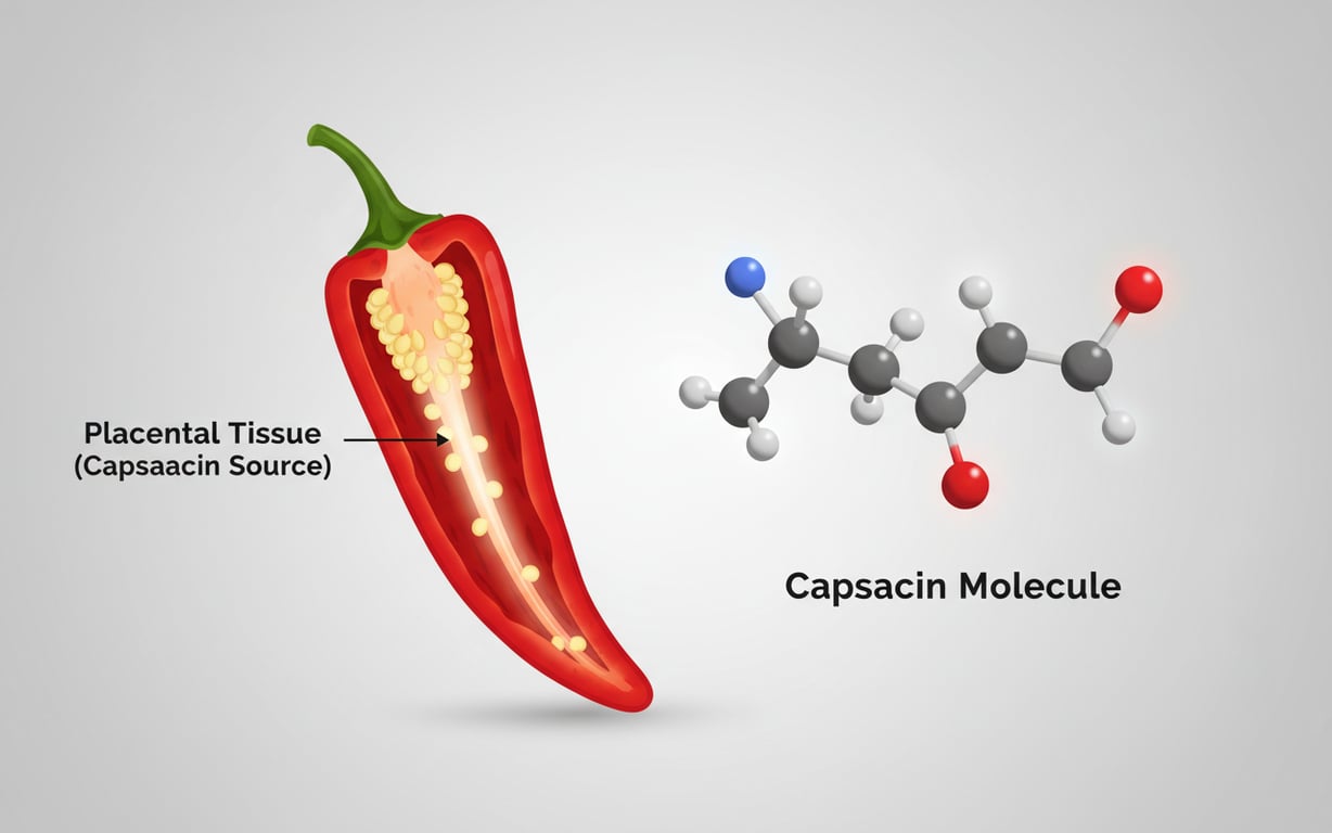 Ilustrație științifică a moleculei de capsaicină și structura internă a ardeiului iute