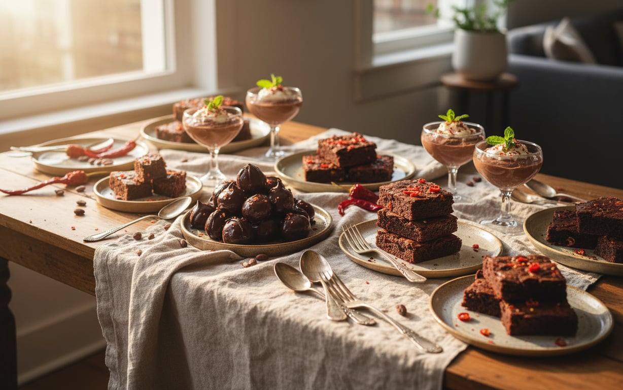 Selecție variată de deserturi cu ciocolată și chili aranjate pe masă rustică