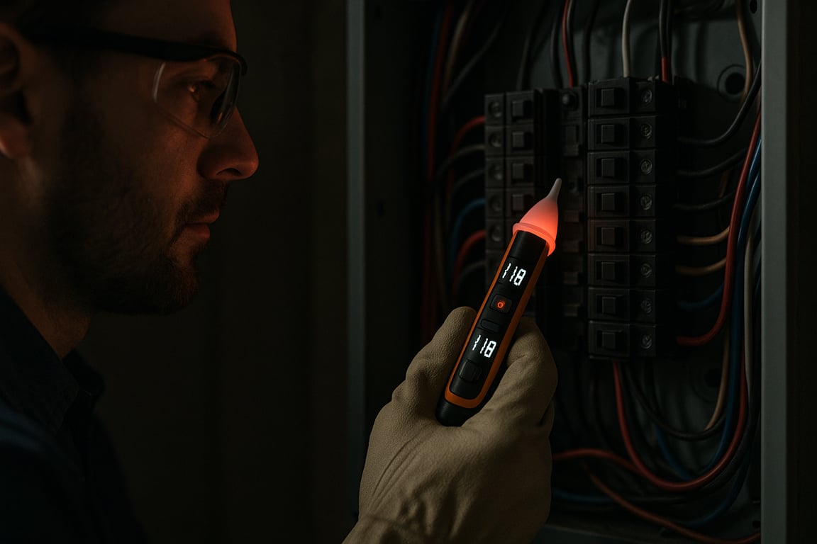 A photorealistic shot capturing an electrician using a voltage detector to check for live wires in an electrical panel, wearing safety glasses and gloves, dim lighting, focus on the voltage detector and its readings, emphasizing the importance of verifying the absence of voltage before working on electrical systems.