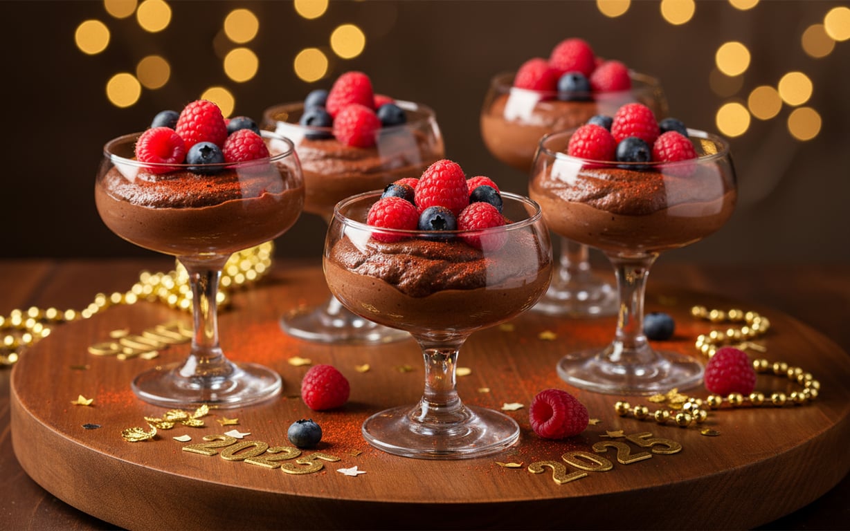 Mousse de ciocolată cu chili servit în pahare elegante cu decorațiuni