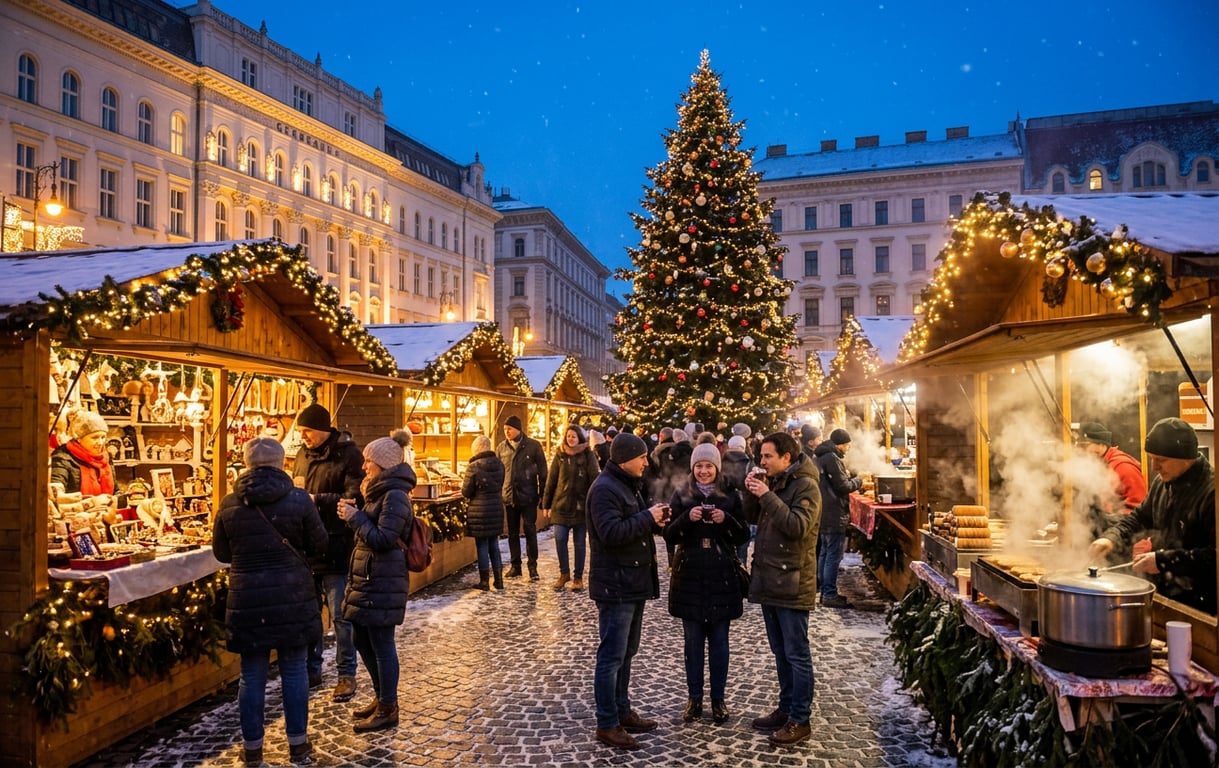 Târgul de Crăciun din Budapesta cu luminițe festive și standuri tradiționale