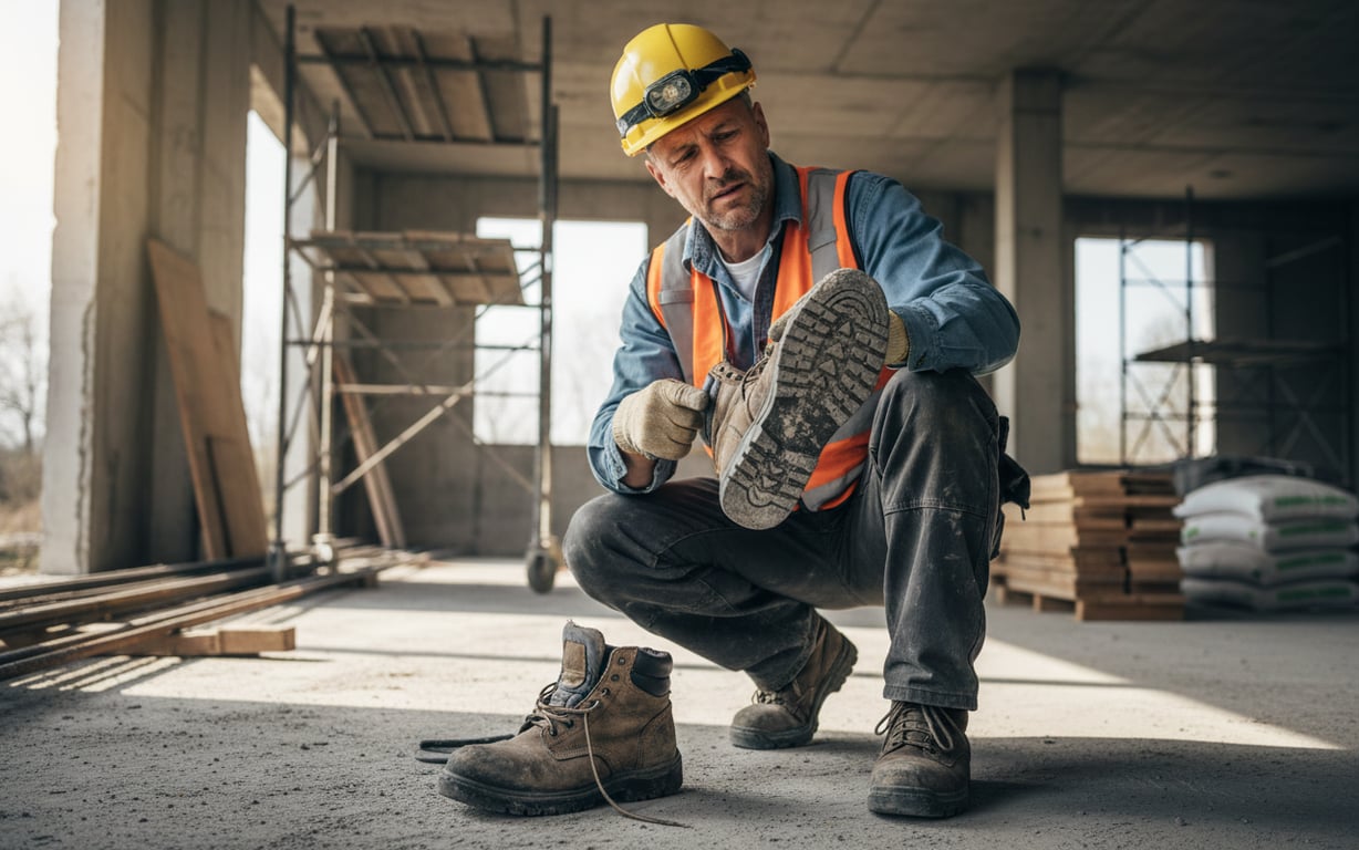 Muncitor inspectând bocanci de protecție uzați în mediu industrial