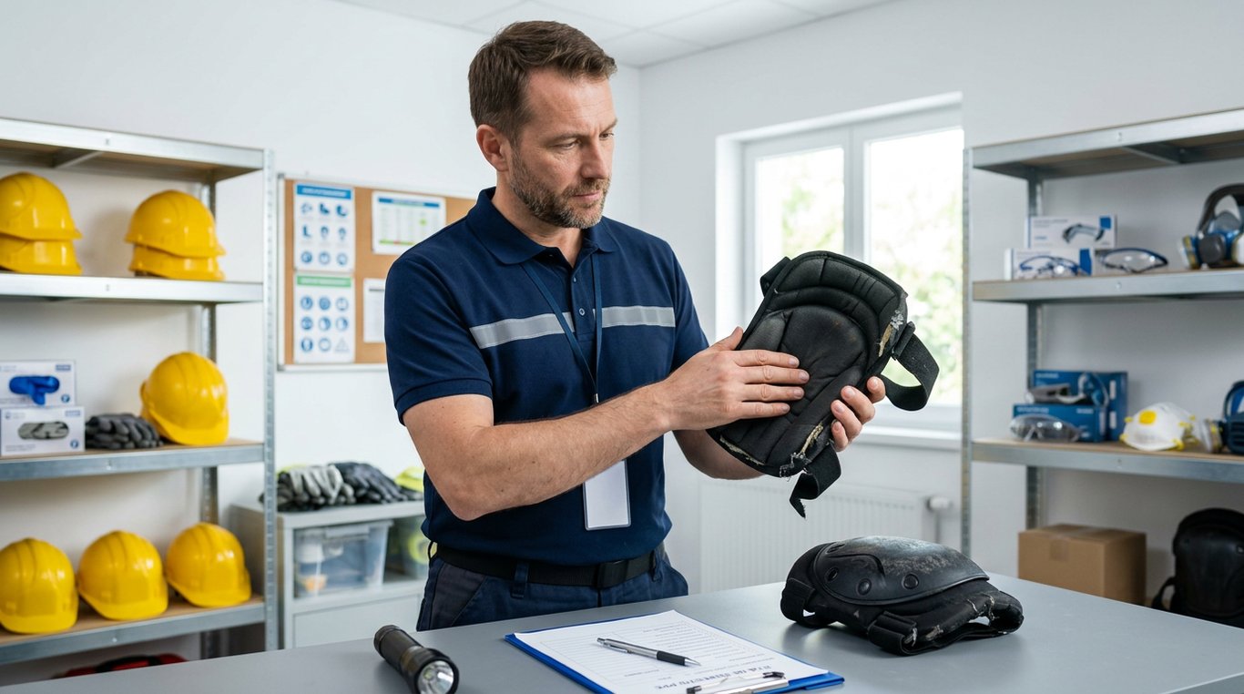 Inspector verificand starea <b>genunchierelor profesionale</b> pentru intretinere si inlocuire