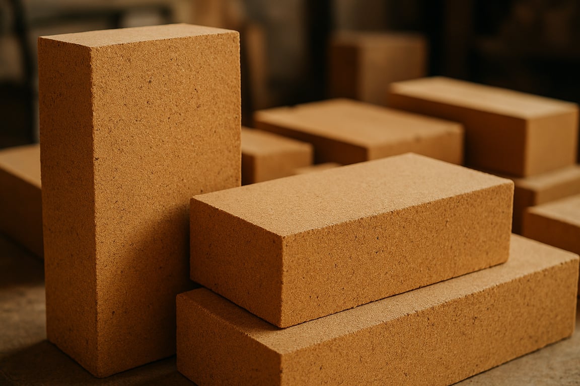 A close-up shot of high-quality refractory bricks, showcasing their dense texture and heat-resistant properties, arranged in a stack with a focus on the smooth surface and uniform shape, photographed in a workshop setting with natural lighting to highlight the material's durability and quality.