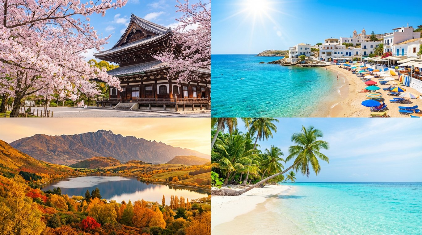 Colaj cu patru destinații turistice reprezentând fiecare anotimp - plajă tropicală, peisaj montan, oraș mediteranean