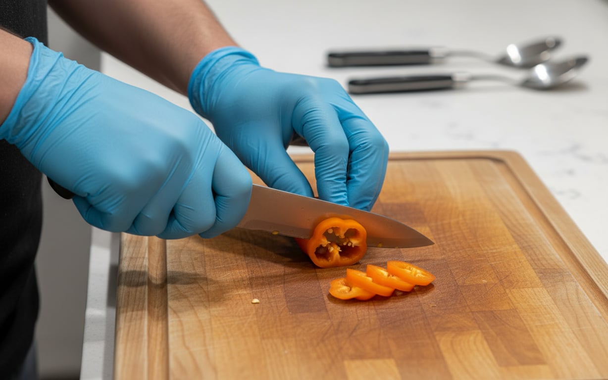Mâini cu mănuși tăind ardei habanero pe un tocător de bucătărie
