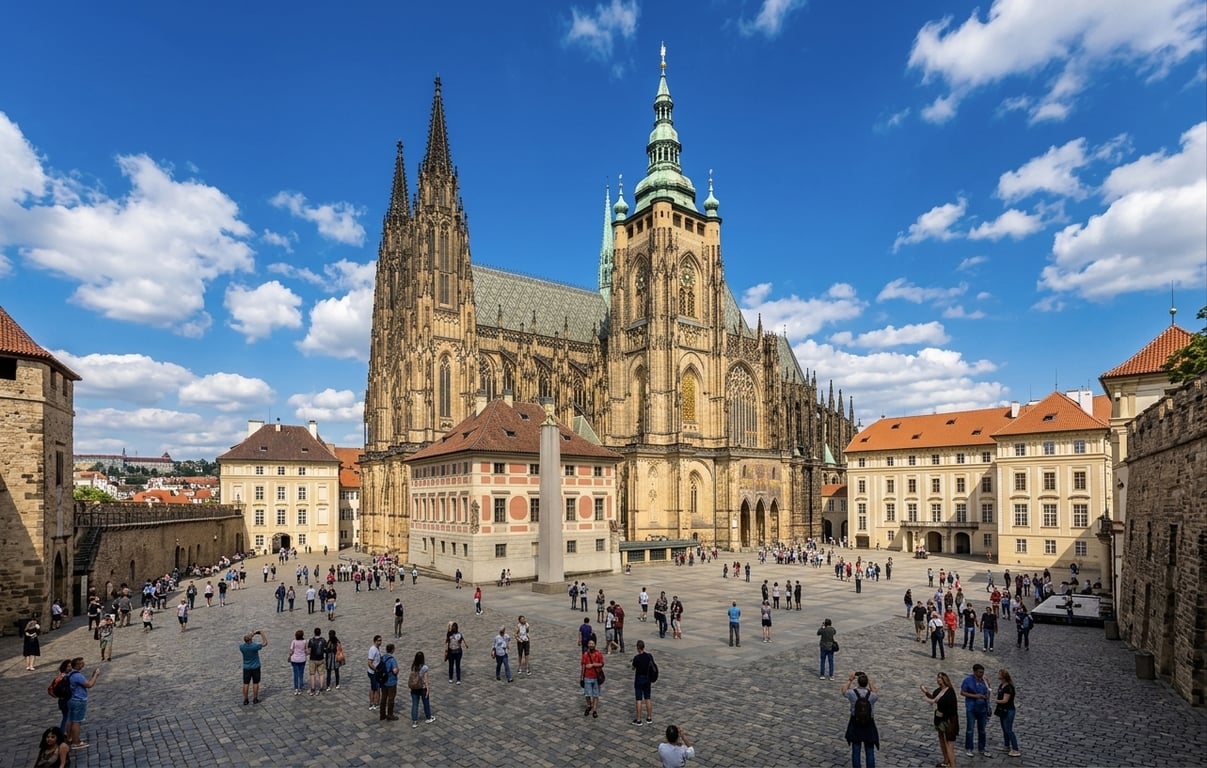Castelul Praga cu Catedrala Sfântul Vitus și turnurile gotice dominating complexul medieval fortificat