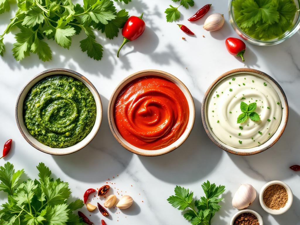Trei boluri cu sosuri picante diferite - chimichurri verde, harissa roșie și sos de ialapeno