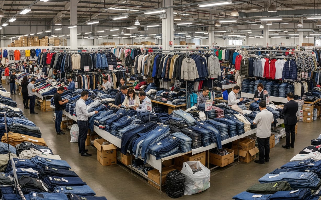 Busy clothing wholesale market with vendors displaying bulk merchandise to buyers