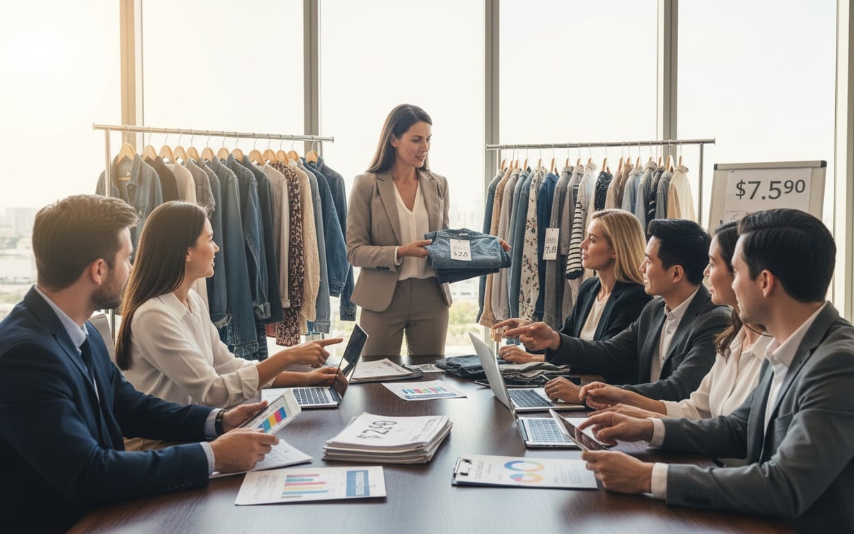 Business meeting between manufacturer and wholesale buyers discussing closeout clothing deals