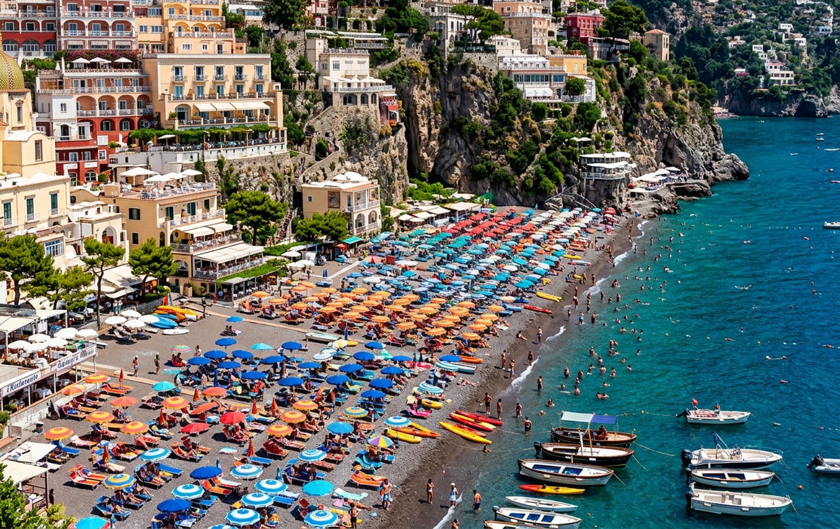 Plajă aglomerată pe Coasta Amalfi vara cu turiști, umbrele colorate și ape turcoaz