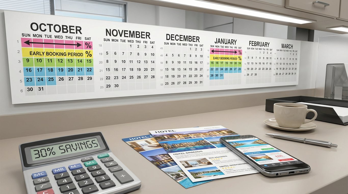 Calendar cu marcaje pentru rezervări anticipate și calculator arătând economii financiare