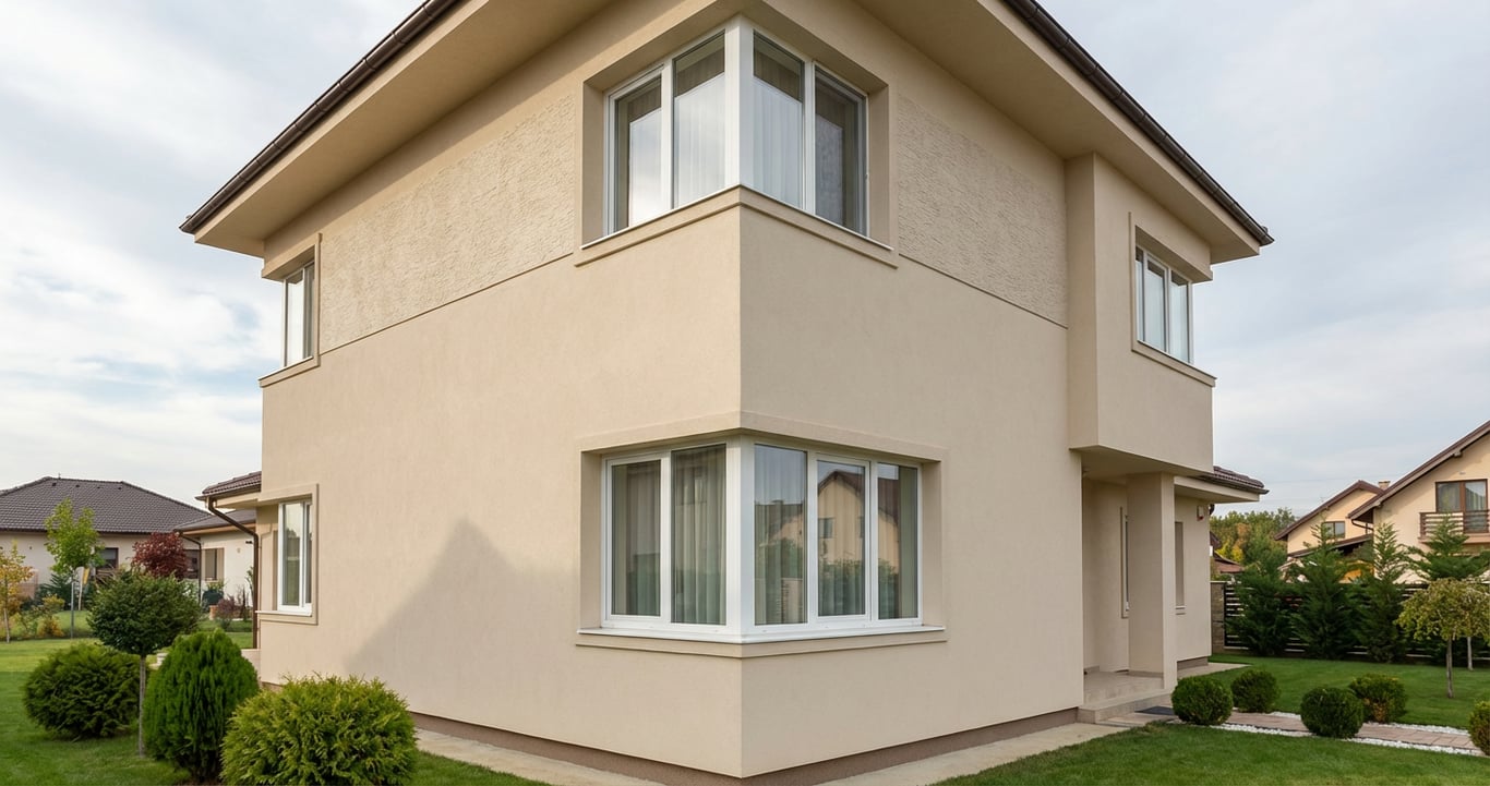 Casă modernă cu fațadă eficientă energetic și izolație exterioară completă aplicată