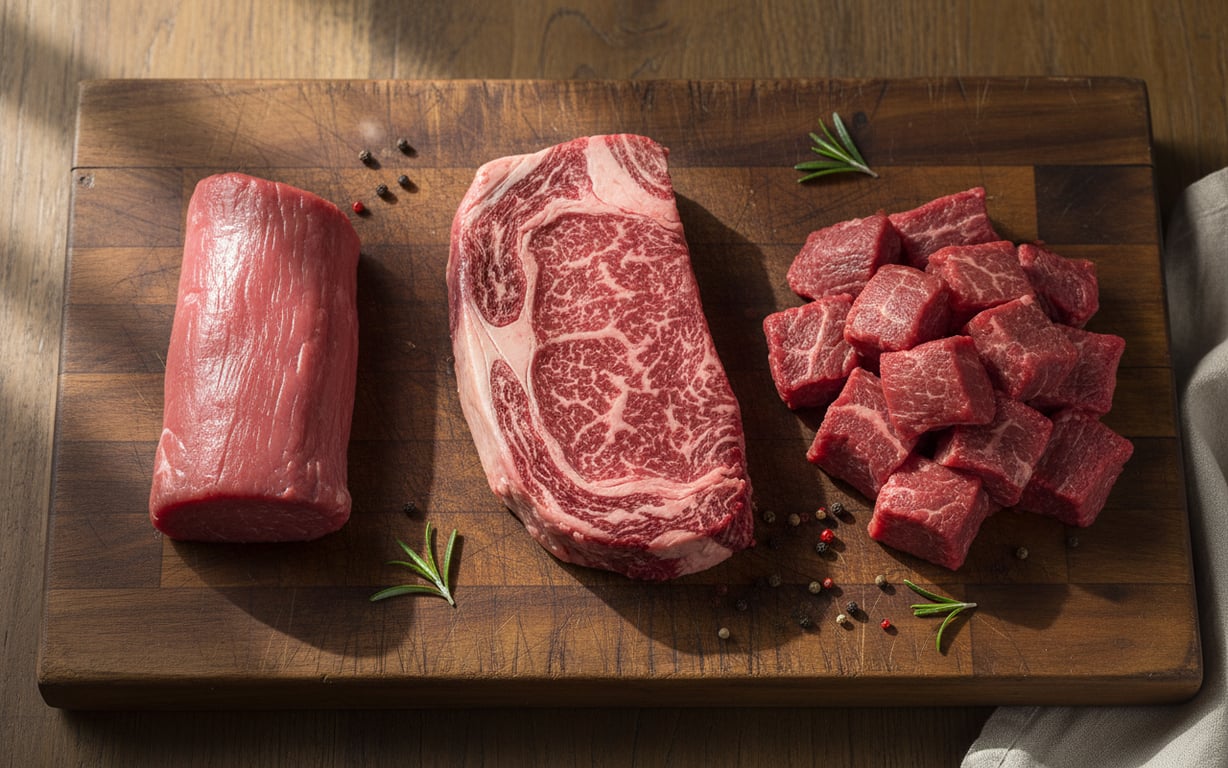 Tăieturi diferite de carne de vită, mușchi, antricot și vrăbioară, așezate pe un tocător de lemn