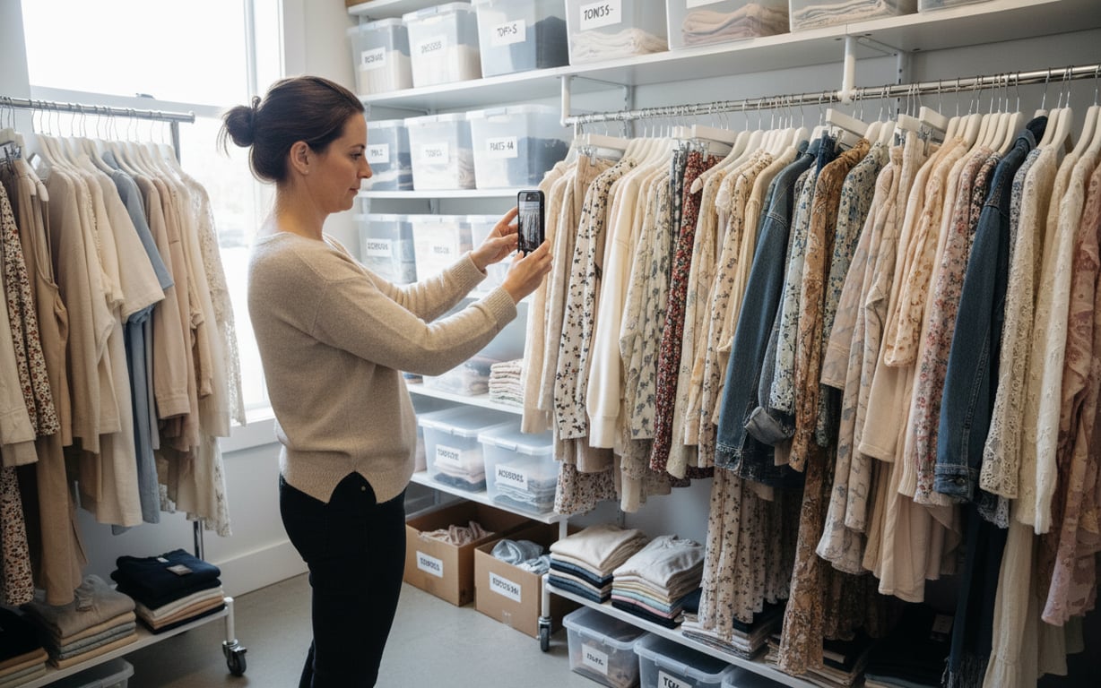 Small business owner filming boutique inventory on a smartphone for a seller application