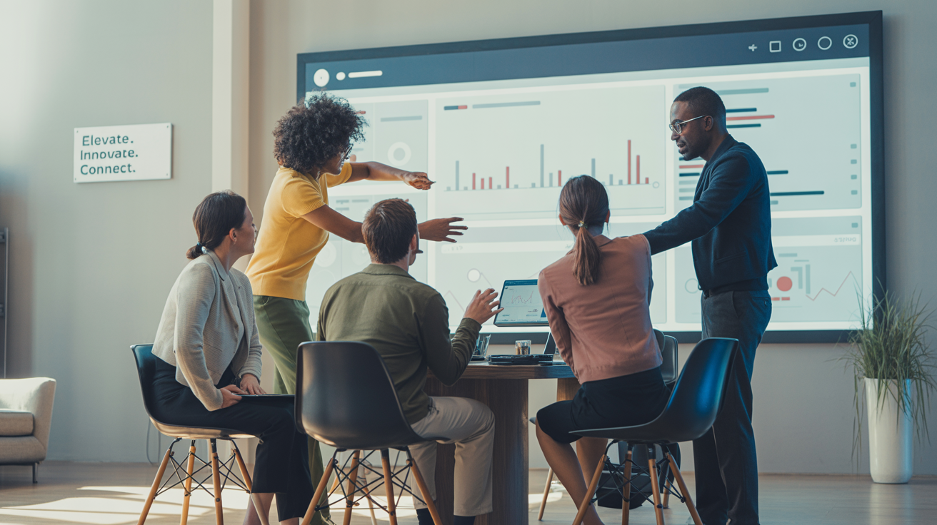 Une équipe diversifiée collaborant lors d'une session de stratégie de marketing digital