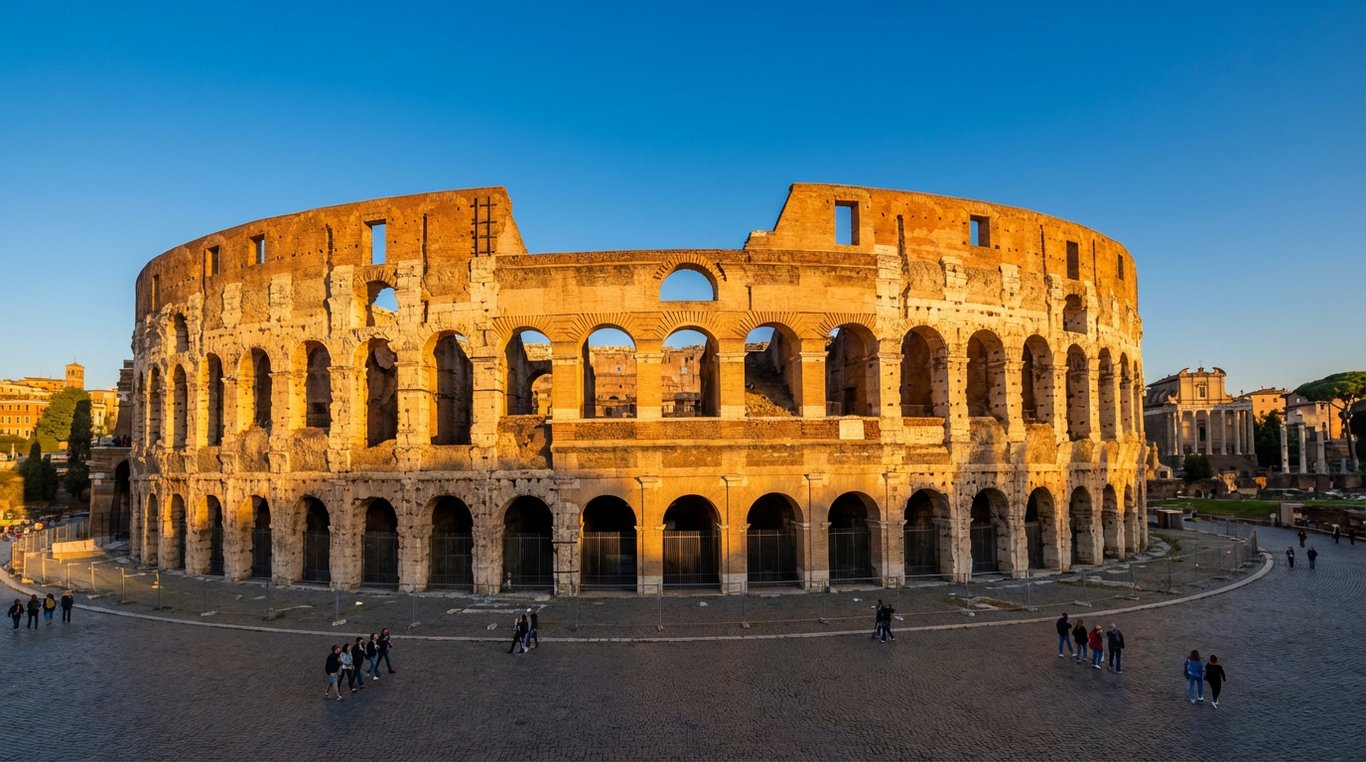 Colosseum-ul din Roma fotografiat în lumina aurie a dimineții cu turiști explorând monumentul antic