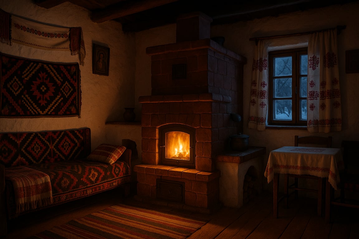 A photorealistic shot capturing a cozy interior scene with a traditional brick stove as the focal point, set in a rustic Romanian home during winter, soft warm light emanating from the stove illuminating the room, traditional Romanian decorations and textiles visible, creating a welcoming and nostalgic atmosphere, photographed in a high-resolution, detailed style.